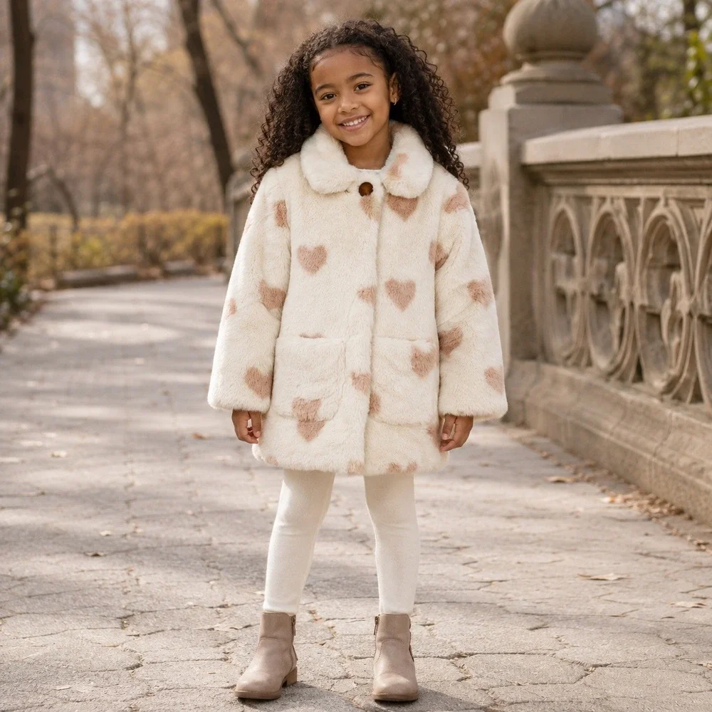 Kensie Girl Faux Fur Heart Print Walker Coat Cream Brown Girls 5/6 NWT